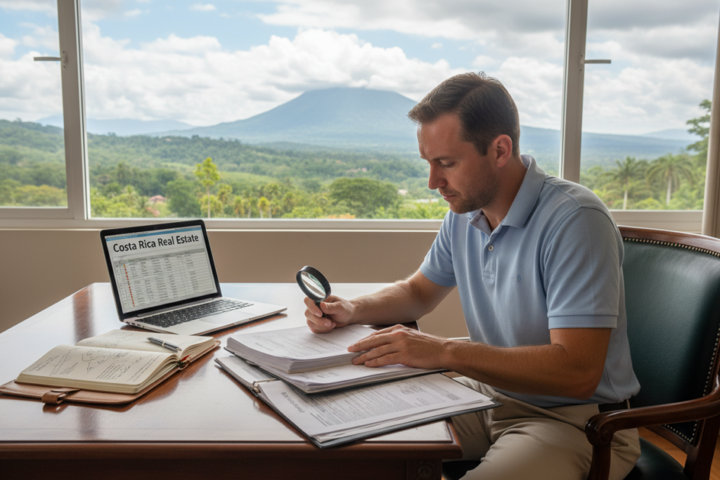 A professional Caucasian male in business casual attire, such as a polo shirt and khakis, is intently examining property documents on a polished wooden desk in the foreground. The middle layer features a laptop displaying a spreadsheet of property listings from "Costa Rica Real Estate", alongside a notebook with handwritten notes. In the background, a bright window reveals a panoramic view of lush Costa Rican landscapes, with vibrant greenery and distant mountains, suggesting a serene yet focused atmosphere. Soft natural light flows into the room, creating a warm, inviting vibe. The overall mood is one of professionalism, diligence, and trust, embodying the essential process of thorough property vetting and due diligence.
