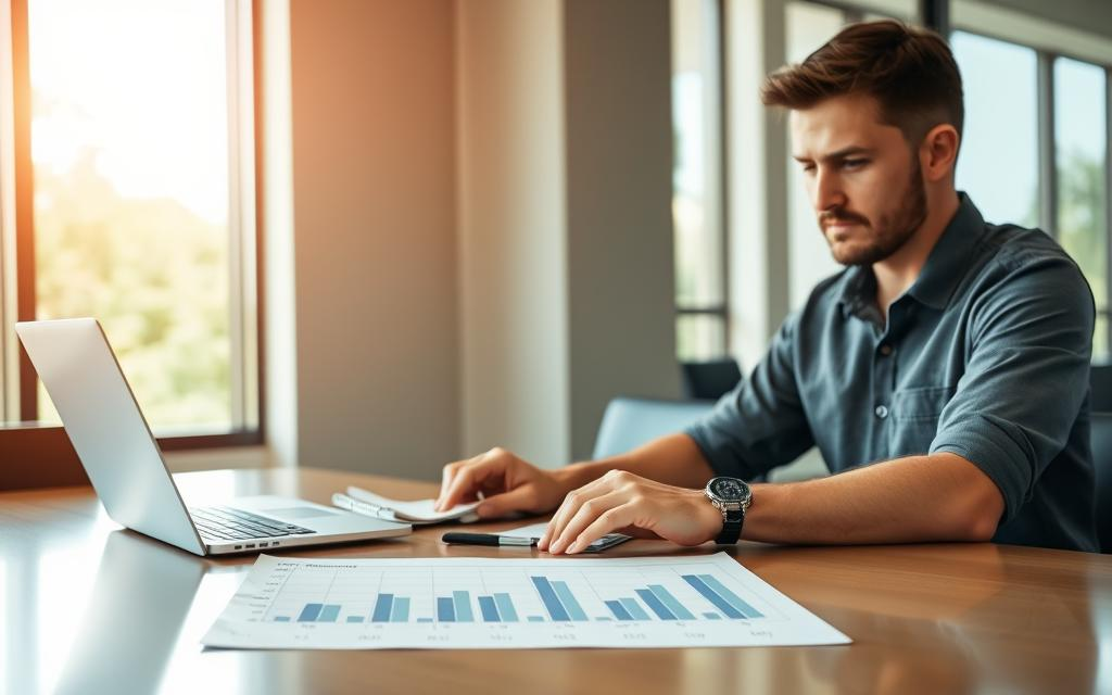 A professional Caucasian male staff member, dressed in a business casual polo and button-down shirt, is seated at a modern conference table, intently reviewing real estate documents and spreadsheets on a sleek laptop, with a notepad filled with notes beside him. In the middle ground, a financial strategy chart is visible, depicting growth trends and analytics related to estate listings. The background features a well-lit office environment with large windows, allowing soft natural light to pour in, creating a warm atmosphere. Subtle branding of "Costa Rica Real Estate" is displayed on the table, subtly reinforcing the theme of expert guidance and due diligence coordination. The overall mood is one of professionalism and focused collaboration, capturing the essence of strategic planning in real estate.