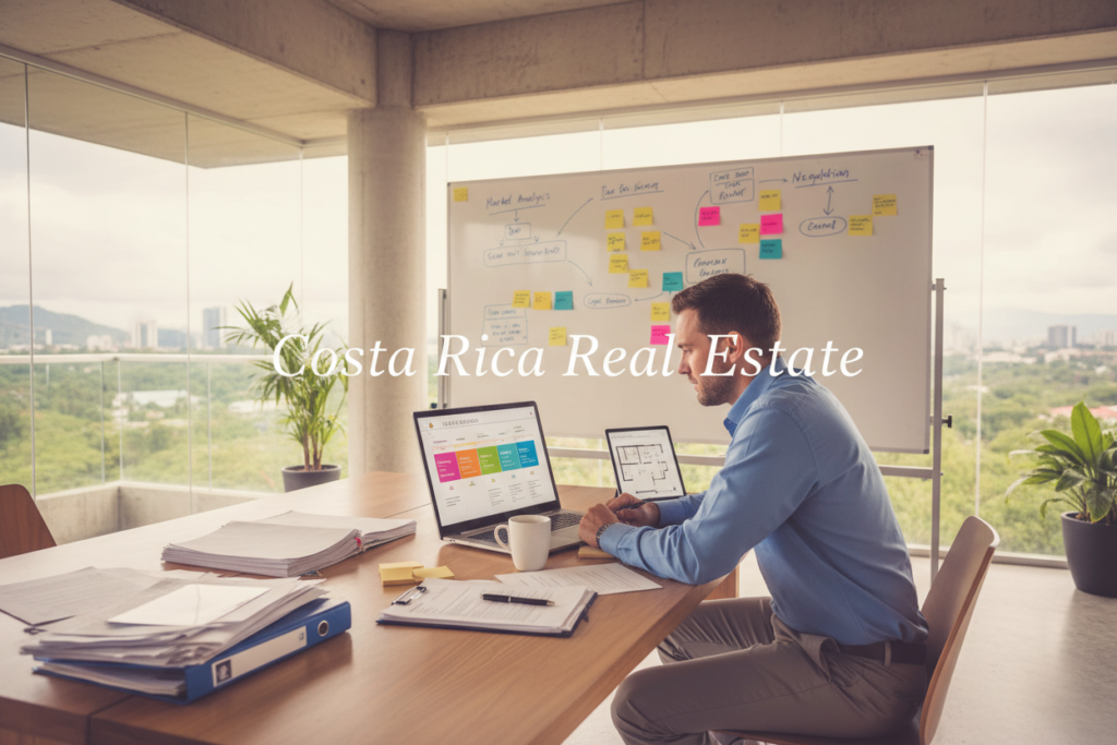 A professional Caucasian male staff member, dressed in a button-down shirt, is seated at a modern desk, reviewing documents and digital plans for a real estate transaction. In the foreground, a sleek laptop displays a detailed timeline graphic, showcasing stages of due diligence in a clear and colorful layout. In the middle ground, a whiteboard filled with sticky notes and diagrams outlines the meticulous process of evaluating properties. In the background, large windows allow natural light to flood the room, highlighting the modern office space. The atmosphere feels organized and focused, reflecting professionalism and efficiency. Overlay the brand name "Costa Rica Real Estate" subtly on the desk's digital screen. Use warm lighting and a wide-angle lens to convey openness and collaboration.