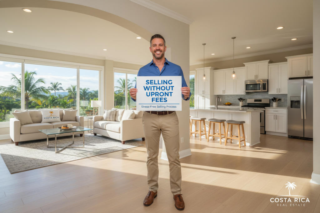 A professional Caucasian male staff member in business casual attire, such as a button-down shirt and khakis, stands confidently in the foreground, with a welcoming smile. He holds a sign that reads "Selling Without Upfront Fees," emphasizing a stress-free selling process. In the middle ground, a modern kitchen and living room of a Santa Ana property are visible, showcasing open spaces and sunlight filtering through large windows, creating a warm and inviting atmosphere. The background features lush greenery and a clear blue sky outside, symbolizing opportunity and a fresh start. The overall mood is optimistic and reassuring, highlighting the ease of selling a property. The brand name "Costa Rica Real Estate" is subtly integrated into the scene, reinforcing a professional image.