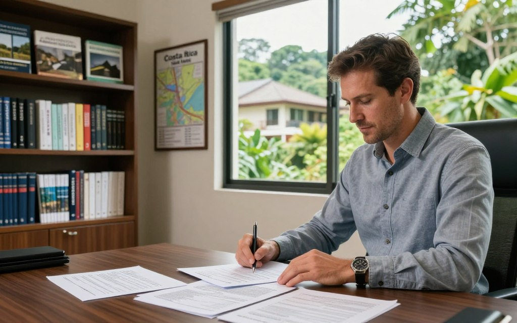 A serene and inviting office interior, featuring a Caucasian male professional in business casual attire, engaged in a clean title review. In the foreground, a polished desk with documents detailing property surveys and title reports, illuminated by soft, natural light flowing through large windows. In the middle ground, bookshelves lined with real estate guides and local maps of Costa Rica, conveying a sense of expertise. In the background, a beautiful view of lush greenery typical of Escazu, with hints of luxury homes peeking through the foliage. The overall atmosphere is one of professionalism and clarity, suitable for the brand "Costa Rica Real Estate", emphasizing trust and reliability in property transactions.