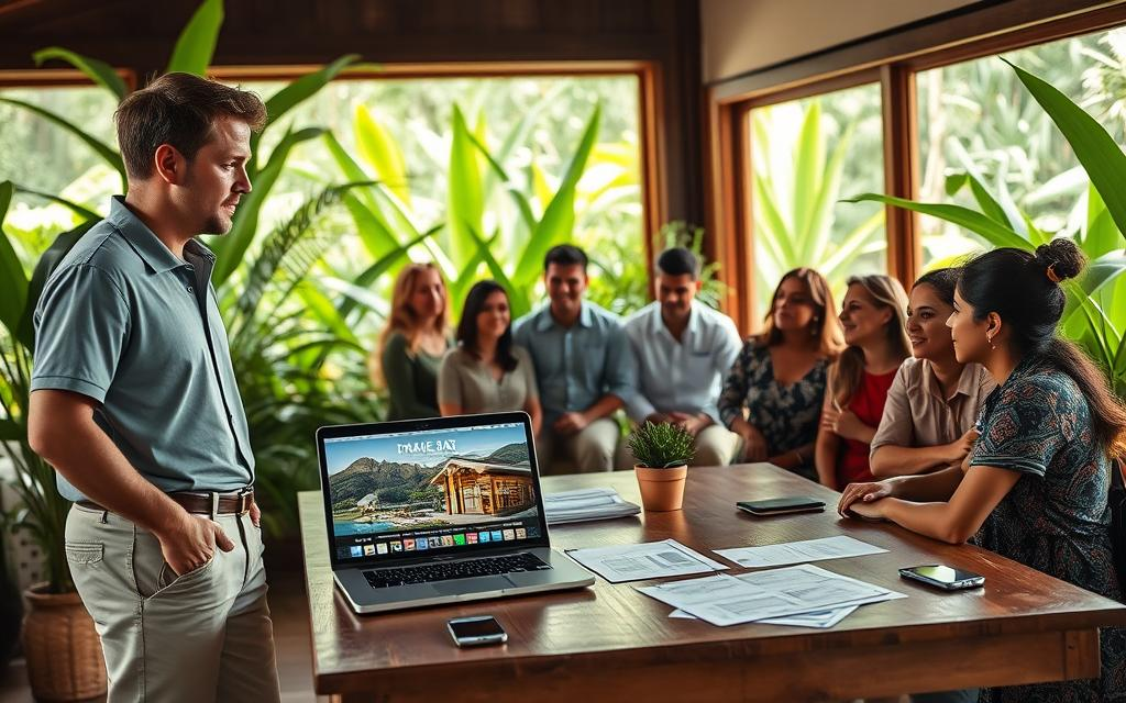 A serene and inviting scene depicting a financing consultation for real estate in Drake Bay, Costa Rica. In the foreground, a Caucasian male real estate agent in business casual attire (polo shirt and khakis) engages with a diverse group of potential buyers, showcasing enthusiasm as they discuss financing options. The middle ground features a stylish wooden table adorned with financial documents, a laptop displaying vibrant images of Drake Bay properties, and a smartphone. In the background, lush greenery representing the natural beauty of Costa Rica surrounds a quaint office environment, with large windows allowing natural sunlight to stream in, creating a warm, welcoming atmosphere. The composition should evoke a sense of professionalism, trust, and opportunity, capturing the essence of "Costa Rica Real Estate".
