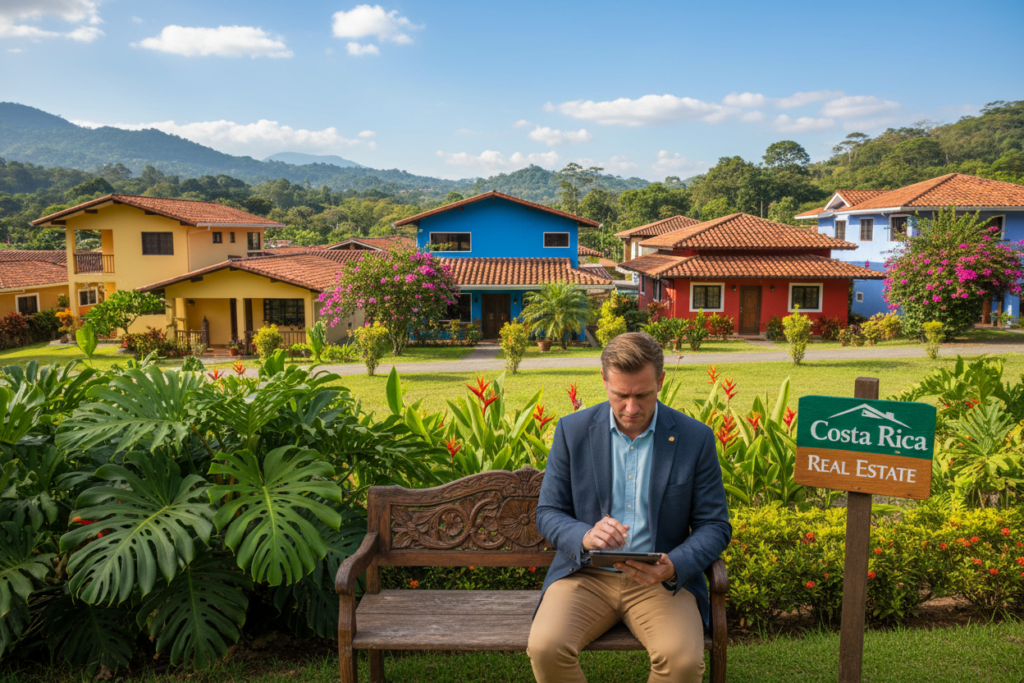 A serene and professional landscape showcasing a thriving property evaluation scene in Escazu, Costa Rica. In the foreground, a Caucasian male property evaluator, dressed in business casual attire, is examining a clean title document on a modern tablet. A lush green garden filled with tropical plants surrounds him. In the middle ground, a variety of beautiful residential properties with vibrant colors and architectural diversity typical of Costa Rica are visible, complete with well-maintained yard spaces. The background features the majestic hills of Escazu, under a bright blue sky. Soft, natural lighting creates an inviting atmosphere, emphasizing professionalism and warmth. Include a subtle branding element that reads "Costa Rica Real Estate" on a nearby signpost, enhancing the focus on property evaluation and due diligence.
