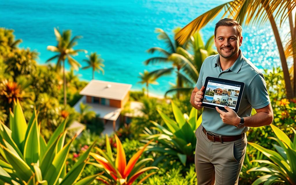 A serene scene depicting a Caucasian male real estate agent in business casual attire, including a polo shirt and slacks, standing confidently in a lush, tropical setting of Drake Bay, Costa Rica. In the foreground, he is holding a tablet displaying real estate listings. The middle ground features a vibrant array of exotic plants and a glimpse of a modern, eco-friendly home nestled within the greenery. In the background, the sparkling blue waters of the bay shimmer under the warm golden sunlight. The atmosphere conveys professionalism and trust, reflecting a sense of opportunity and education for potential buyers and investors. The brand name "Costa Rica Real Estate" subtly integrated into the design, enhancing the focus on the buying process in this picturesque locale. Use a wide-angle lens to capture the expansive beauty of the landscape while keeping the agent prominently in focus.