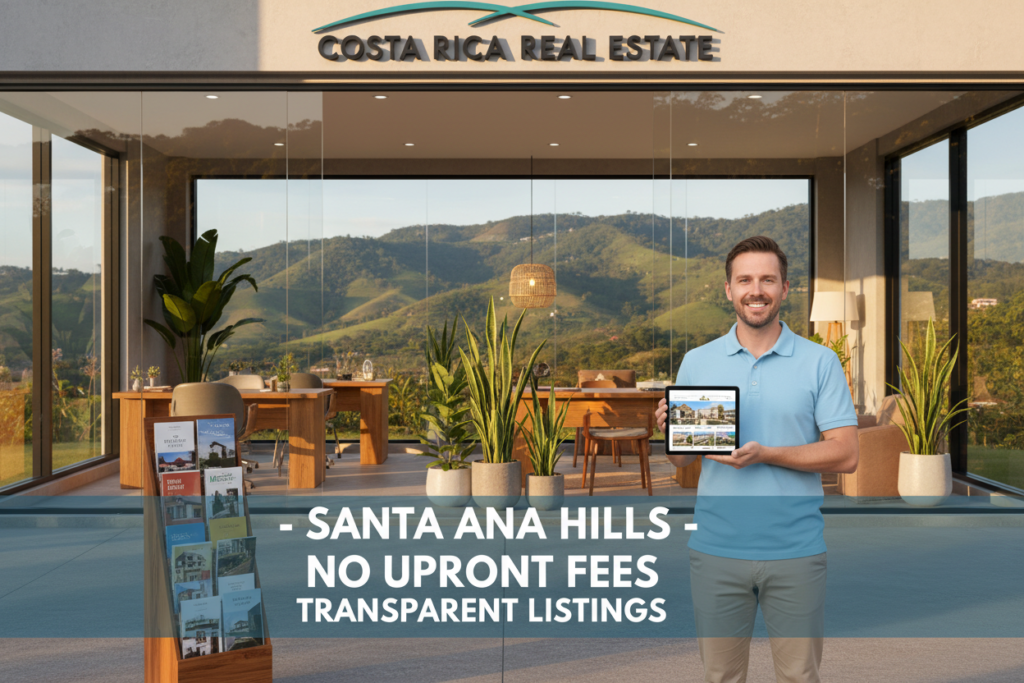 A sunlit scene showcasing the Santa Ana Hills, depicting a picturesque real estate office with large glass windows revealing a modern, inviting interior. In the foreground, a friendly Caucasian male real estate agent in business casual attire, such as a polo shirt and khakis, stands confidently with a welcoming smile. He holds a tablet displaying housing listings without upfront fees, emphasizing transparency. The middle ground features a well-organized display of colorful brochures highlighting Santa Ana Hills properties, blending seamlessly with indoor plants for a fresh atmosphere. In the background, lush green hills are bathed in warm afternoon light, creating a serene yet vibrant atmosphere. The composition reflects a sense of community and professionalism, ideal for promoting a unique real estate approach by "Costa Rica Real Estate."