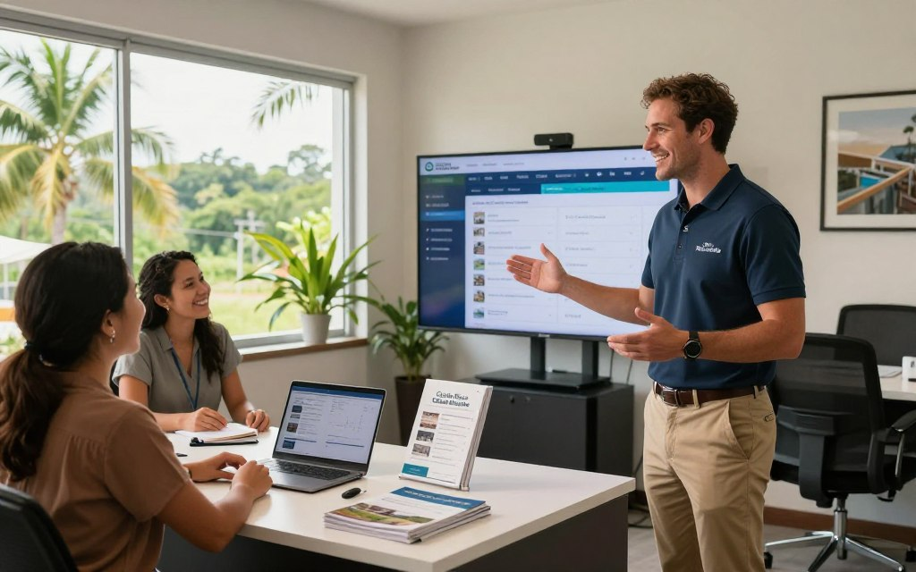 A vibrant real estate office scene in Santa Ana, Costa Rica, showcasing a no-commission model. In the foreground, a friendly Caucasian male real estate agent in a business casual polo shirt and khakis stands confidently, gesturing towards a modern digital screen displaying property listings, branded with "Costa Rica Real Estate." The middle ground features a sleek desk with architectural brochures and a laptop, while cheerful clients review listings together. In the background, large windows reveal a sunny, lush Costa Rican landscape with palm trees. The atmosphere is warm and inviting, with soft natural light flooding the space, enhancing the sense of community and transparency in real estate transactions. The perspective is at eye level, capturing the engaging interactions between clients and the agent.