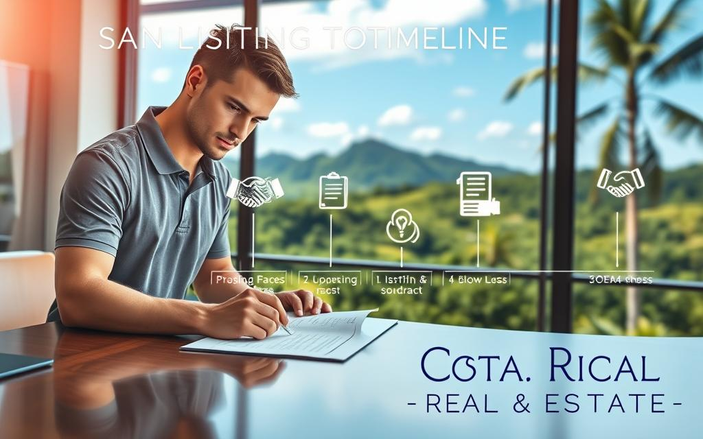 A visually engaging property closing timeline set in San Ramon, Costa Rica. In the foreground, a Caucasian male staff member dressed in a smart business casual polo, intently reviewing a closing document on a sleek wooden desk. In the middle, various stages of the property closing process illustrated through symbolic icons like a handshake, contract, and handshake. The background features a scenic view of San Ramon's lush hills and vibrant greenery under a bright blue sky, bringing a sense of optimism and opportunity. The lighting is bright and inviting, capturing the essence of a successful real estate transaction. The brand "Costa Rica Real Estate" is subtly integrated into the design, enhancing the professional atmosphere of the image. The overall mood conveys a successful journey from listing to closing, emphasizing professionalism and collaboration.
