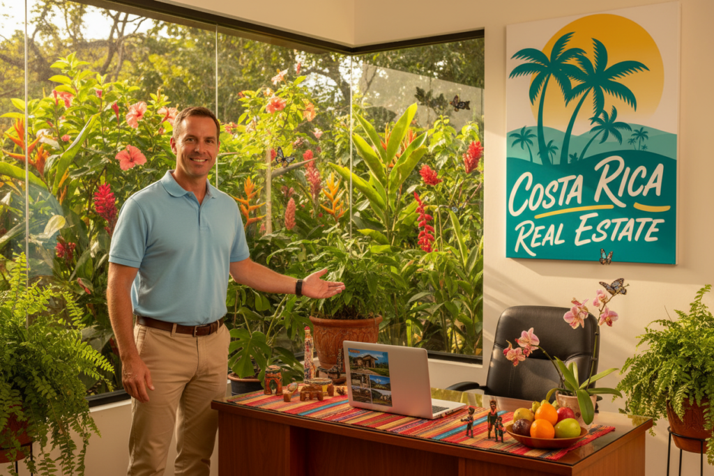 A welcoming scene depicting a tranquil real estate office in Costa Rica, showcasing a Caucasian male real estate agent in business casual attire (polo/button-down shirt) presenting a beautifully furnished interior. In the foreground, the agent is gesturing towards a large, vibrant poster of "Costa Rica Real Estate" hanging on the wall. The middle ground features a stylish desk with an open laptop displaying listings, surrounded by tropical plants and colorful decor that reflects local culture. In the background, large windows allow warm, natural light to flood the space, revealing a lush garden with butterflies fluttering outside. The overall mood is relaxed and inviting, capturing the essence of a casual, authentic approach to real estate in Escazu.