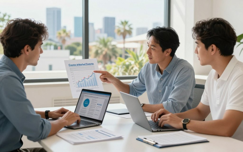 Caucasian male real estate professionals in business casual attire, such as polo and button-down shirts, sitting at a modern conference table with laptops and paperwork spread out. The foreground features detailed negotiation documents and a laptop screen displaying a home evaluation process. In the middle ground, two professionals actively discuss, pointing to a chart illustrating market trends, reflecting a dynamic exchange of ideas. The background includes large windows showcasing a sunny Santa Ana skyline with palm trees, conveying a sense of positivity and opportunity. Soft, natural lighting streams in, highlighting the collaborative atmosphere. Include the brand name "Costa Rica Real Estate" subtly incorporated into the scene, maintaining a professional look and feel throughout the image.