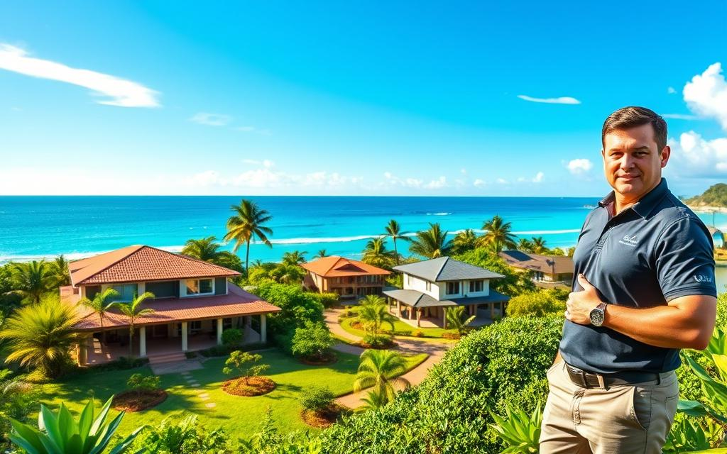 Vibrant coastal property listings in Drake Bay, Costa Rica, showcasing a serene atmosphere. In the foreground, a Caucasian male staff member in business casual attire (polo and khakis) stands confidently, gesturing towards an inviting home with a lush garden and ocean view. The middle ground features several distinct property listings, each with a unique architectural style, surrounded by tropical vegetation and tranquil paths. In the background, the stunning coastline and turquoise waters sparkle under a clear blue sky, with gentle clouds adding depth. The lighting is warm and inviting, enhancing the greenery's vibrancy. The brand name "Costa Rica Real Estate" is subtly incorporated into the scene through stylish signage. Overall, the mood reflects professionalism combined with the beauty of Costa Rican living.