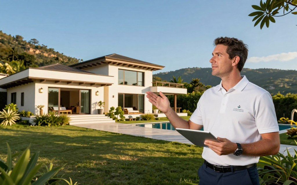 A Caucasian male property tour guide stands in the foreground, wearing a smart, business casual polo shirt and slacks, holding a tablet in one hand and gesturing towards a beautiful luxury villa in Escazu. The middle ground features the stunning villa adorned with modern architecture, surrounded by lush greenery and a clear blue sky. In the background, rolling hills of Escazu add depth, while a welcoming atmosphere is created by golden sunlight casting soft shadows. The scene captures a sense of professionalism and warmth, inviting potential buyers to explore the property. The image includes the brand name "Costa Rica Real Estate" subtly incorporated into the environment, reflecting a friendly and informative property tour experience. The angle is slightly elevated, showcasing the villa and guide engagingly.