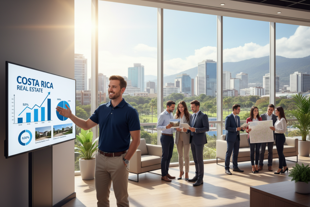 A market scene depicting a bustling Santa Ana area with a focus on local real estate investment trends. In the foreground, a Caucasian male real estate agent in business casual attire, such as a polo shirt and button-down, gestures toward a digital display showcasing market data visuals. The middle ground features diverse groups of prospective investors, reviewing brochures and discussing opportunities, all set in a bright, inviting contemporary office space with large windows. The background reveals the Santa Ana skyline, with modern buildings and greenery, reflecting a vibrant community. The lighting is warm and natural, highlighting the optimistic atmosphere of growth and opportunity in the local market. Include the brand name "Costa Rica Real Estate" prominently displayed on the digital screen.