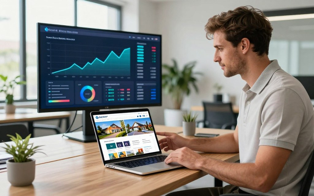 A modern office setting showcasing digital marketing for real estate, with a Caucasian male staff member in business casual attire (polo shirt and tailored pants) showing a property on a laptop. In the foreground, the laptop screen displays vibrant real estate listings with engaging visuals. The middle section includes a large digital screen featuring animated graphs and marketing analytics. In the background, sunlight streams through large windows, illuminating a stylish, contemporary workspace with plant decor and minimalist furniture, conveying a productive and innovative atmosphere. The overall mood is dynamic and focused, capturing the essence of innovative digital marketing and exposure strategies for "Costa Rica Real Estate." Include soft lighting that enhances the clarity of the details, shot from a slightly high angle to create depth.