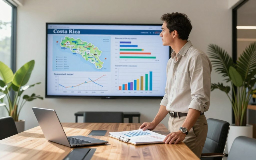 A professional Caucasian male financial planner in business casual attire stands confidently at a sleek wooden conference table, reviewing colorful financial graphs and Costa Rica Real Estate listings displayed on a large screen in the background. The foreground features a notepad and a laptop opened to a real estate market analysis. Natural light streams in from large windows, casting a warm glow across the room, enhancing the atmosphere of optimism and professionalism. The middle layer showcases a digital map of Costa Rica and investment timelines, illustrating strategic thinking. The background exudes a modern office vibe, with tropical plants adding a touch of Costa Rican essence. The overall mood conveys clarity, focus, and a forward-thinking approach to financial planning for property investment.