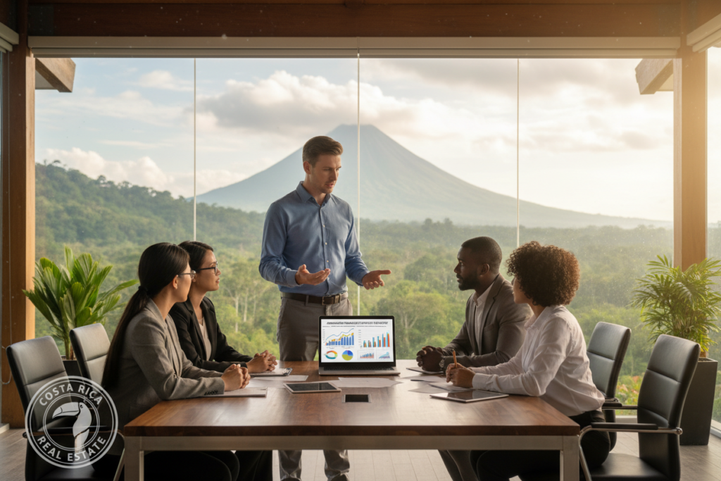 A professional Caucasian male staff member in business casual attire stands in the foreground, engaged in thoughtful discussion with a diverse group of colleagues around a sleek conference table. They are reviewing colorful financial charts and graphs on a laptop, symbolizing the integration of the aguinaldo financing strategy in Costa Rica's real estate market. The background features a large window showcasing scenic views of lush Costa Rican landscapes, blending modern architecture with natural beauty. Soft, warm lighting creates an inviting atmosphere, while a focus on collaboration and innovation conveys a sense of optimism. A logo displaying "Costa Rica Real Estate" is subtly integrated into the scene, enhancing the context without distraction. The composition captures professionalism and teamwork in financial planning, perfectly suited for the theme.