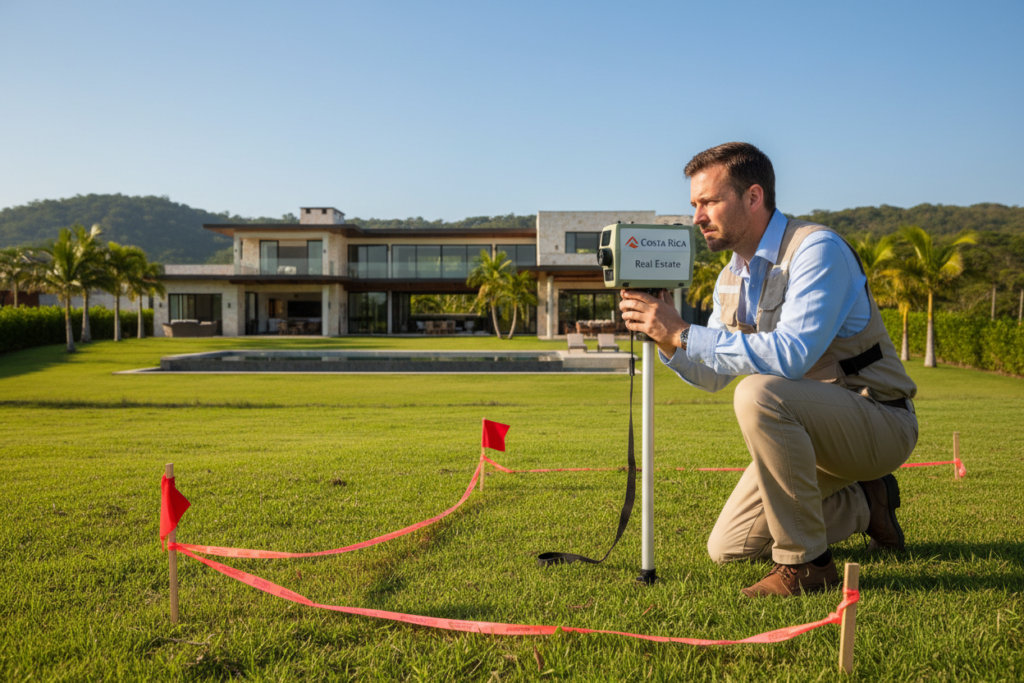 A professional Caucasian male surveyor in business casual attire, including a button-down shirt and slacks, is carefully examining property boundary markers with a GPS device in an open, lush green landscape. In the foreground, vibrant survey tape and flags mark the boundaries, hinting at a luxury home nearby. The middle ground showcases a well-manicured property with a modern home, emphasizing a sense of luxury. The backdrop features distant hills under a clear blue sky, allowing for natural sunlight to illuminate the scene, creating a bright and optimistic atmosphere. The angle of the shot captures the surveyor at work while subtly highlighting the "Costa Rica Real Estate" brand logo on his equipment, establishing a professional tone focused on clarity and precision in real estate transactions. The image should be inviting and trust-building, with a sense of professionalism and attention to detail.