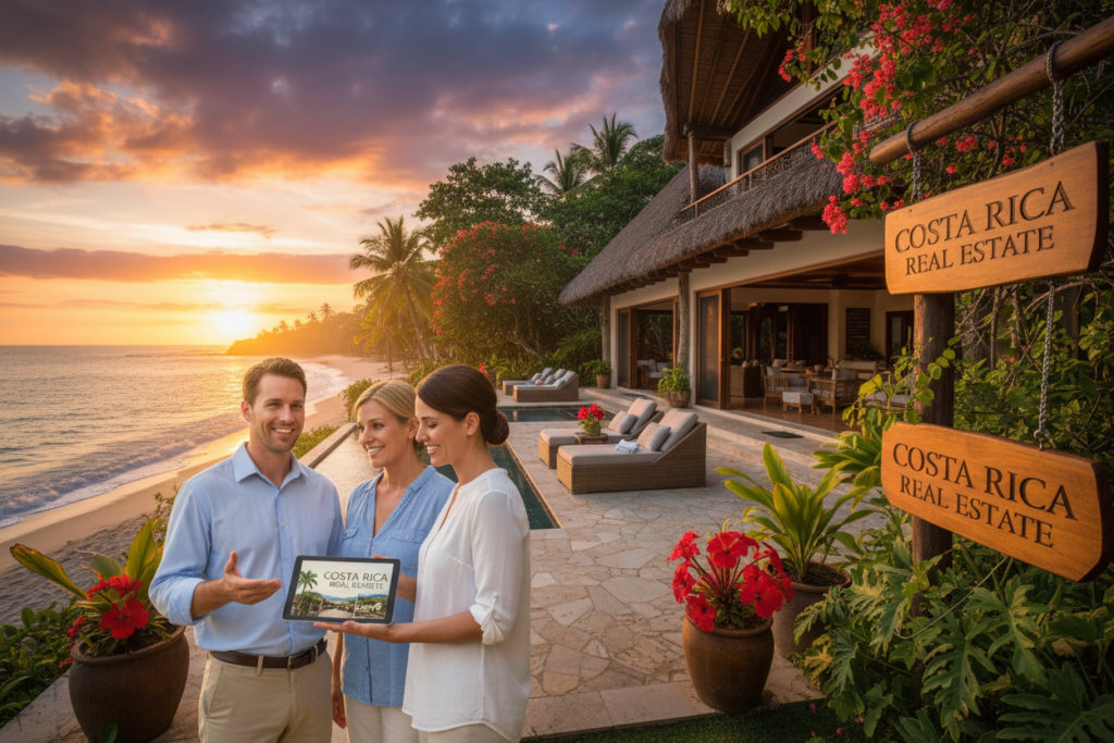 A vibrant Costa Rican property showcasing a beautiful beachside villa surrounded by lush greenery. In the foreground, a Caucasian male real estate agent in business casual attire (a button-down shirt and slacks) is actively engaging with clients, pointing to a digital tablet displaying property listings. The middle ground features a welcoming outdoor patio with tropical plants and ocean views, evoking a sense of tranquility. In the background, a picturesque sunset casts warm golden light on the villa and the sky, creating an inviting atmosphere. The scene emphasizes the theme of maximizing exposure to local and international buyers. Include the brand name "Costa Rica Real Estate" subtly integrated into the scene, reflecting a professional and inviting tone.