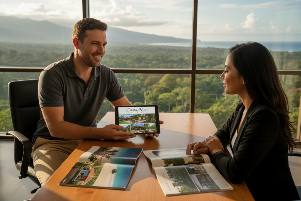 A vibrant and inviting scene depicting a Costa Rica property listing process. In the foreground, a professional Caucasian male staff member in a smart business casual polo shirt is engaged in discussion with a potential investor, reviewing property listings on a tablet. The middle ground features a table adorned with detailed brochures and visual listings of various stunning Costa Rican properties, showcasing lush jungles, beachside villas, and mountain retreats. In the background, a large window reveals a picturesque view of Costa Rica’s natural landscape, emphasizing warmth and opportunity. Soft, natural lighting fills the room, casting gentle shadows and creating an inviting atmosphere. Include the brand name "Costa Rica Real Estate" subtly illustrated on the tablet screen. The overall mood is professional, engaging, and welcoming, reflecting a seamless navigation through the real estate process.