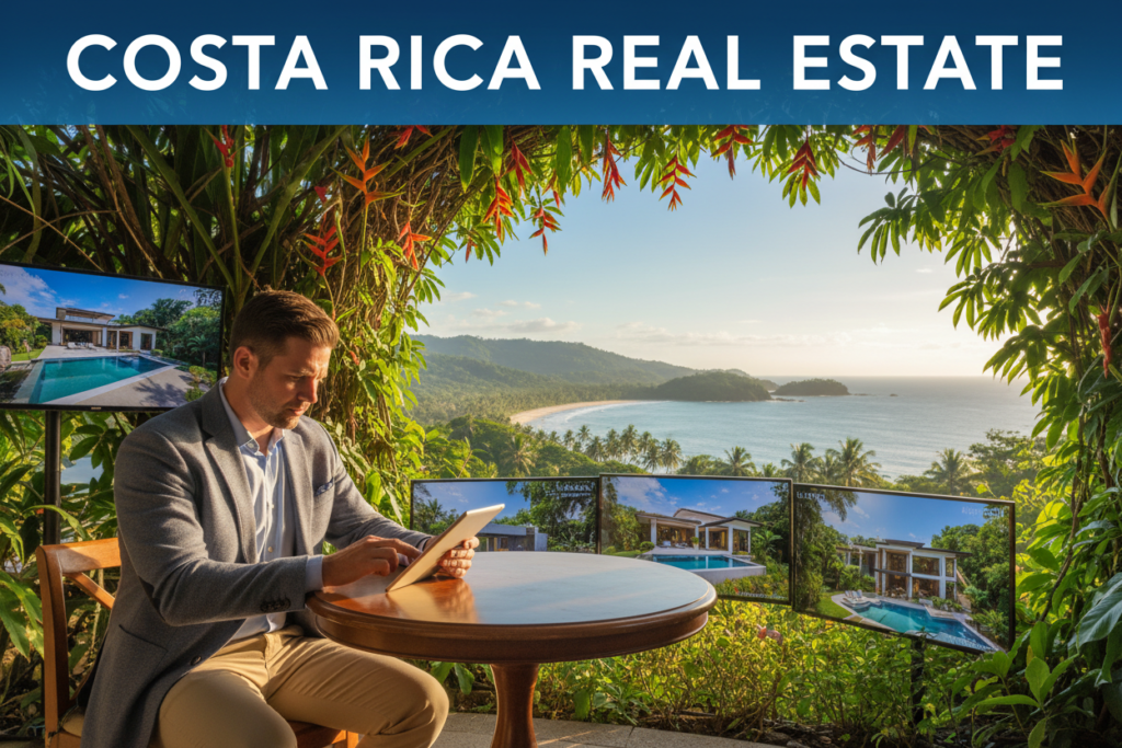 A vibrant scene depicting the Costa Rican real estate market, focusing on a professional Caucasian male staff member dressed in business casual attire, engaging in due diligence. The foreground features the agent reviewing property listings on a tablet with a backdrop of tropical greenery. In the middle, a colorful display of various properties, such as beachfront homes and lush villas, is set against the backdrop of a clear blue sky. The background showcases a picturesque coastline of Costa Rica, emphasizing the attractive real estate opportunities. Soft, natural lighting filters through the trees, creating an inviting and optimistic atmosphere. Prominently display the brand name "Costa Rica Real Estate" at the top of the image without any other text or overlays.