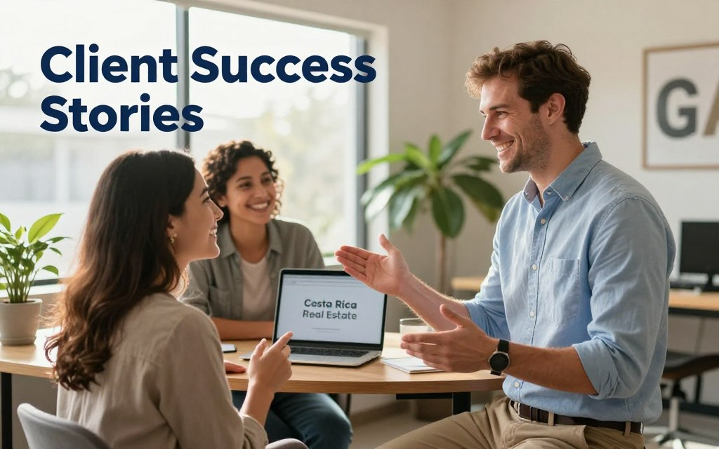 A warm, inviting office scene in Santa Ana, Costa Rica, showcasing the concept of "Client Success Stories". In the foreground, a Caucasian male staff member dressed in business casual clothing—like a light blue button-down shirt—smiles while interacting with a happy, young couple. The couple, dressed in modest casual clothing, exudes excitement as they discuss their successful no-cost home sale experience with GAP Realty. The middle ground features a cozy desk with a laptop displaying the brand name "Costa Rica Real Estate", along with a welcoming indoor plant. In the background, sunlight filters through large windows, illuminating the space with a soft glow, creating an atmosphere of optimism and professionalism. The image conveys a sense of achievement and satisfaction, ideal for illustrating client success.