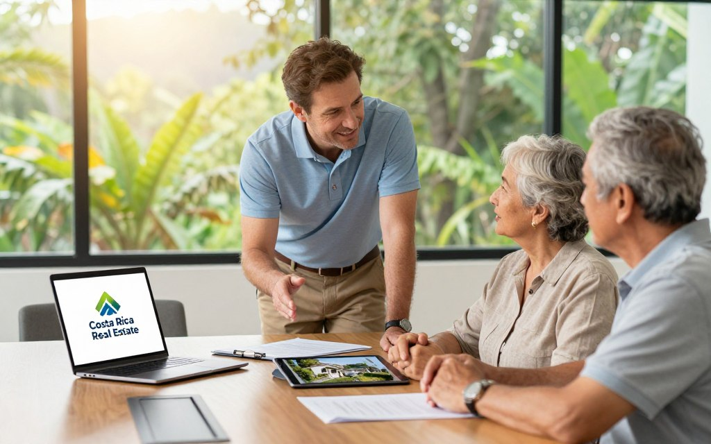 Caucasian male real estate agent in a business casual polo shirt and chinos, attentively discussing property listings with a retired couple. The foreground features a modern conference table with a laptop open, displaying the "Costa Rica Real Estate" logo. In the middle ground, documents and a tablet showcasing beautiful Escazu properties are spread out. The background shows a sunny office space with large windows offering views of lush greenery, symbolizing the serene environment of Escazu. Warm, natural lighting filters through the windows, creating a welcoming atmosphere. The agents and clients are engaging in a friendly conversation, conveying professionalism and trust, perfectly illustrating the concept of real estate service coordination for retirees.