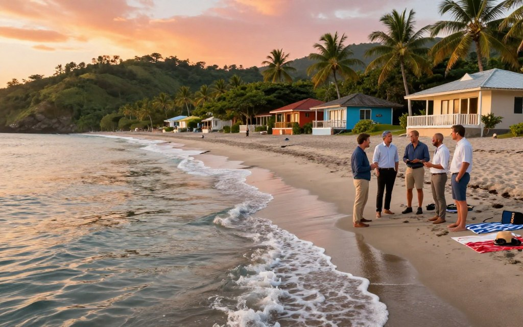 A breathtaking view of Playas del Coco beachfront in Costa Rica during golden hour, showcasing a serene atmosphere with soft, warm sunlight reflecting off gentle waves. In the foreground, crystal clear water lapping at the soft sandy shore, with a few beach towels and casual beach items spread out. The middle ground features a diverse group of Caucasian male staff dressed in professional business casual attire, discussing real estate opportunities, set against beachside villas with vibrant colors. In the background, lush green hills rise, dotted with palm trees against a brilliant orange and pink sunset sky. The composition captures a sense of tranquility and potential, embodying the allure of Costa Rica Real Estate.