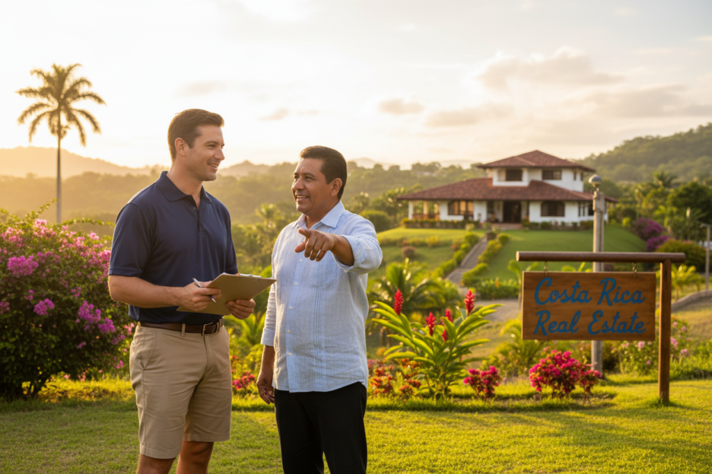 A bright, sunny scene illustrating a smooth real estate transaction in Costa Rica. In the foreground, a Caucasian male real estate agent in a smart polo shirt is engaged in a discussion with a local professional, both appearing focused and friendly. The agent holds a clipboard, while the local professional, dressed in casual business attire, gestures towards a beautiful home in the background. In the middle ground, a picturesque Costa Rican landscape showcases lush greenery and vibrant tropical flowers. The background features a charming, colonial-style house with a "Costa Rica Real Estate" sign prominently displayed in the yard. The lighting is warm and inviting, simulating a late afternoon sun. The overall mood is professional yet relaxed, emphasizing collaboration and the beauty of the Costa Rican real estate market.