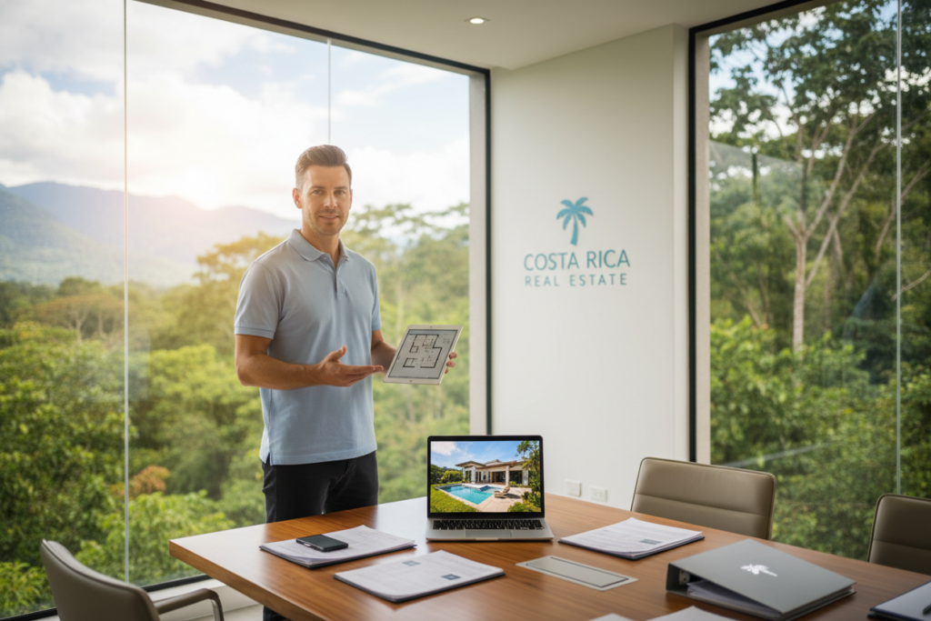 A modern and efficient real estate office scene, depicting a streamlined process from discovery to closing. In the foreground, a Caucasian male real estate agent in a business casual polo shirt reviews digital documents on a tablet, showcasing professionalism and collaboration. In the middle ground, a sleek conference table with a variety of documents and a laptop displaying a property listing. The background features a large window with a bright, natural light pouring in, revealing a scenic view of Costa Rica’s lush landscape outside. Soft focus on the greenery enhances the atmosphere of tranquility and opportunity. Light and airy color palette conveys a sense of ease and accessibility. Incorporate the brand name "Costa Rica Real Estate" subtly on a wall in the background, emphasizing the efficient service concept.