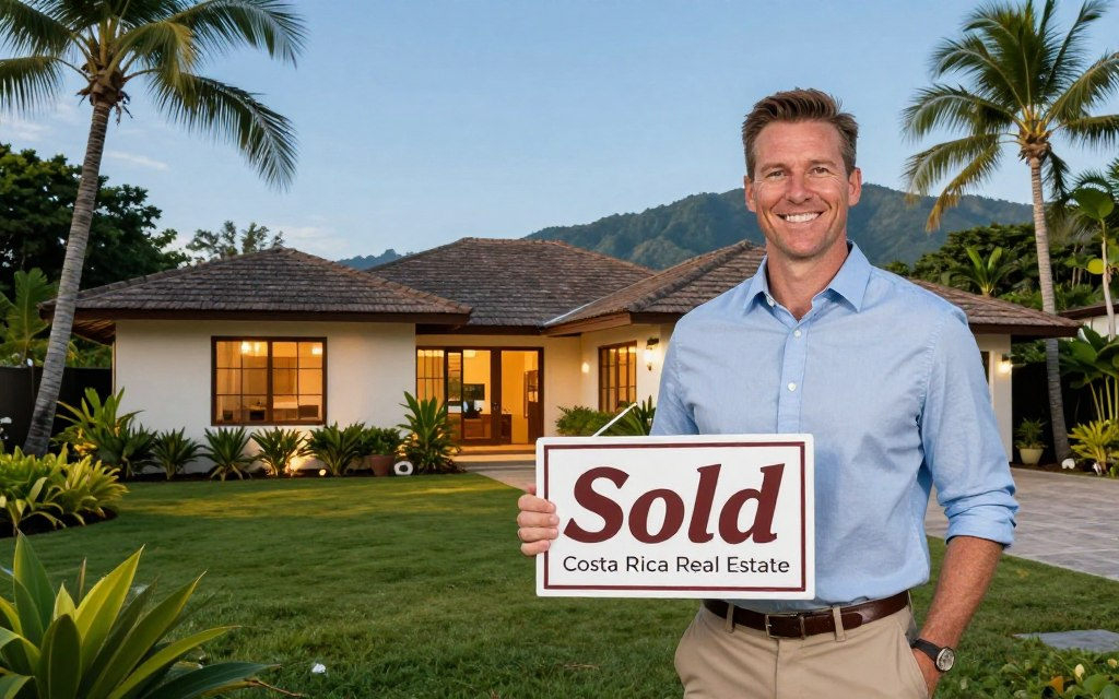 A serene tropical setting featuring a Caucasian male real estate agent in business casual attire, standing confidently in front of a beautiful Costa Rican property. In the foreground, he is holding a "Sold" sign with a big smile, showcasing the success of the risk-free property listing approach. The middle ground features a vibrant, lush garden and the elegant home, symbolizing the potential of stress-free real estate transactions. In the background, clear blue skies and distant mountains suggest a tranquil atmosphere, emphasizing peace of mind in property listing. Lighting is warm and inviting, capturing the essence of Costa Rica's natural beauty. The scene includes elements that suggest "Costa Rica Real Estate," subtly integrated into the ambiance without direct text. The overall mood is optimistic and professional, highlighting the benefits of listing properties risk-free.