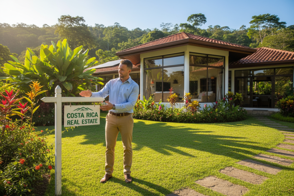 A sunny Costa Rican property being prepared for sale, with a Caucasian male staff member in business casual attire, inspecting the vibrant garden and manicured lawn. In the foreground, the staff member examines a "For Sale" sign stating "Costa Rica Real Estate." In the middle ground, a beautifully maintained home with large windows, showcasing a welcoming atmosphere. The background features lush tropical foliage and a clear blue sky, enhancing the inviting mood. Soft, natural lighting illuminates the scene, casting gentle shadows that emphasize the property's appealing details. The angle is slightly elevated, capturing both the staff member's focused expression and the property's charm, creating an atmosphere of professionalism and optimism for a successful listing.