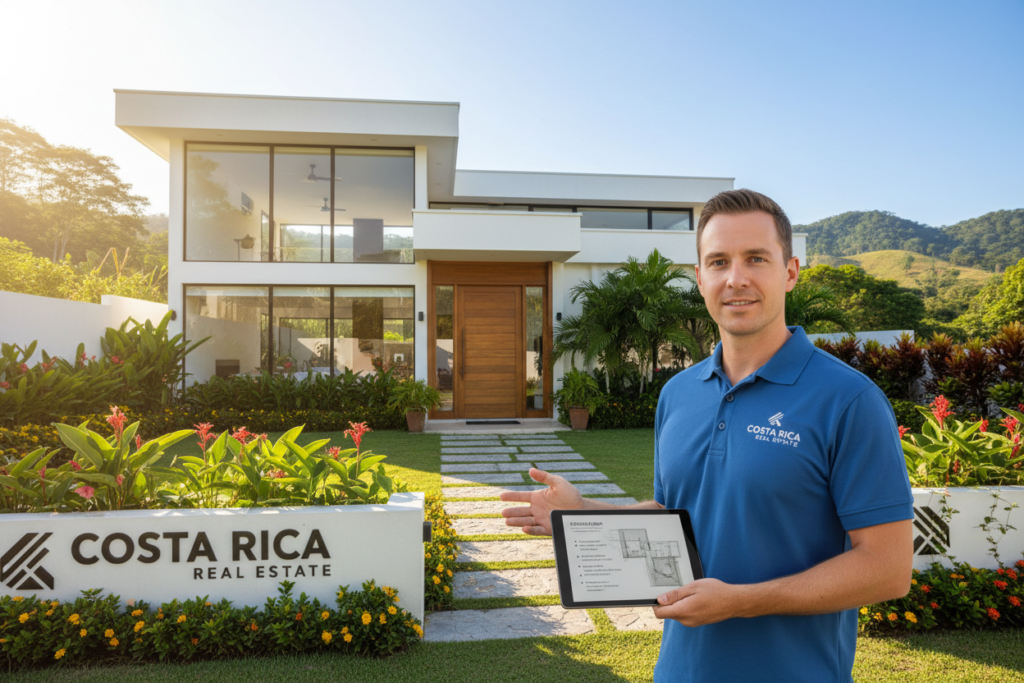 A vibrant, sunlit Costa Rican landscape showcasing a modern home for sale, nestled amid lush greenery and colorful tropical flowers. In the foreground, a Caucasian male real estate agent dressed in a professional polo shirt stands confidently with a tablet in hand, highlighting the property features. The middle ground includes the sleek exterior of the house with large windows reflecting the sunlight, emphasizing the inviting atmosphere. The background features rolling hills and a clear blue sky, symbolizing the beauty of Costa Rica. The scene is brightly lit, capturing the warmth and optimism associated with real estate opportunities. The brand "Costa Rica Real Estate" subtly integrated into the design elements of the image adds a professional touch, conveying advanced marketing strategies. The overall mood is energetic and inspiring, geared toward maximizing visibility in the real estate market.