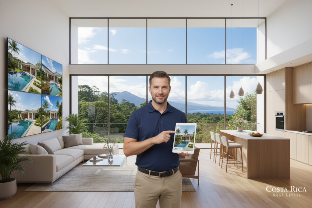 A well-lit modern interior showcasing a stylish living room and kitchen space, featuring elegant furniture, bright natural light streaming through large windows. In the foreground, a Caucasian male agent in business casual attire, such as a neat polo shirt, is gently pointing toward a digital tablet displaying a virtual tour of the property. In the middle ground, digital screens showcase high-quality virtual images of various Costa Rican properties, emphasizing the concept of professional property photography. The background features lush Costa Rican landscapes visible through the windows, enhancing the mood of tropical elegance and sophistication. The overall atmosphere is inviting and professional, highlighting the importance of compelling visual presentation in real estate. The brand name "Costa Rica Real Estate" subtly integrated into the digital tablet image, enhancing the focus on engaging property listings. A well-lit modern interior showcasing a stylish living room and kitchen space, featuring elegant furniture, bright natural light streaming through large windows. In the foreground, a Caucasian male agent in business casual attire, such as a neat polo shirt, is gently pointing toward a digital tablet displaying a virtual tour of the property. In the middle ground, digital screens showcase high-quality virtual images of various Costa Rican properties, emphasizing the concept of professional property photography. The background features lush Costa Rican landscapes visible through the windows, enhancing the mood of tropical elegance and sophistication. The overall atmosphere is inviting and professional, highlighting the importance of compelling visual presentation in real estate. The brand name "Costa Rica Real Estate" subtly integrated into the digital tablet image, enhancing the focus on engaging property listings.