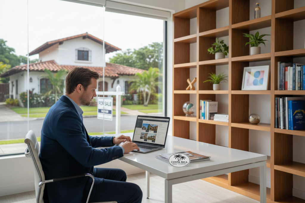 A bright, modern real estate office interior featuring a Caucasian male staff member in business casual attire, looking engaged while conducting property assessments. In the foreground, a sleek desk with a laptop open, displaying property listings and documents. In the middle, a large window showcasing a picturesque view of a home with a "For Sale" sign prominently displayed, highlighting the theme of property sales. The background includes stylish shelving with real estate books and decorative elements. Soft, natural lighting filters through the window, creating a warm and inviting atmosphere. A subtle logo of "Costa Rica Real Estate" is visible on the desk materials without text overlays, emphasizing professionalism and trustworthiness for the secure sale process.