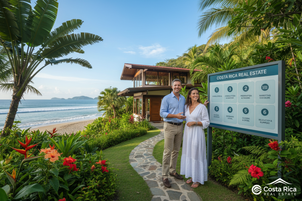 A coastal Costa Rican real estate setting depicting a step-by-step guide for listing a home. Foreground features a Caucasian male agent in business casual attire, calmly explaining the process to a potential seller, showcasing friendly engagement. In the middle ground, a picturesque property listing includes a modern house surrounded by lush tropical greenery and vibrant flowers. Background captures a serene beach with gentle waves and clear blue skies, enhancing the atmosphere. Soft, natural lighting casts pleasant shadows, creating an inviting mood. Use a wide-angle lens to encompass the entire scene, effectively highlighting the beauty of Costa Rica and the professionalism of "Costa Rica Real Estate".