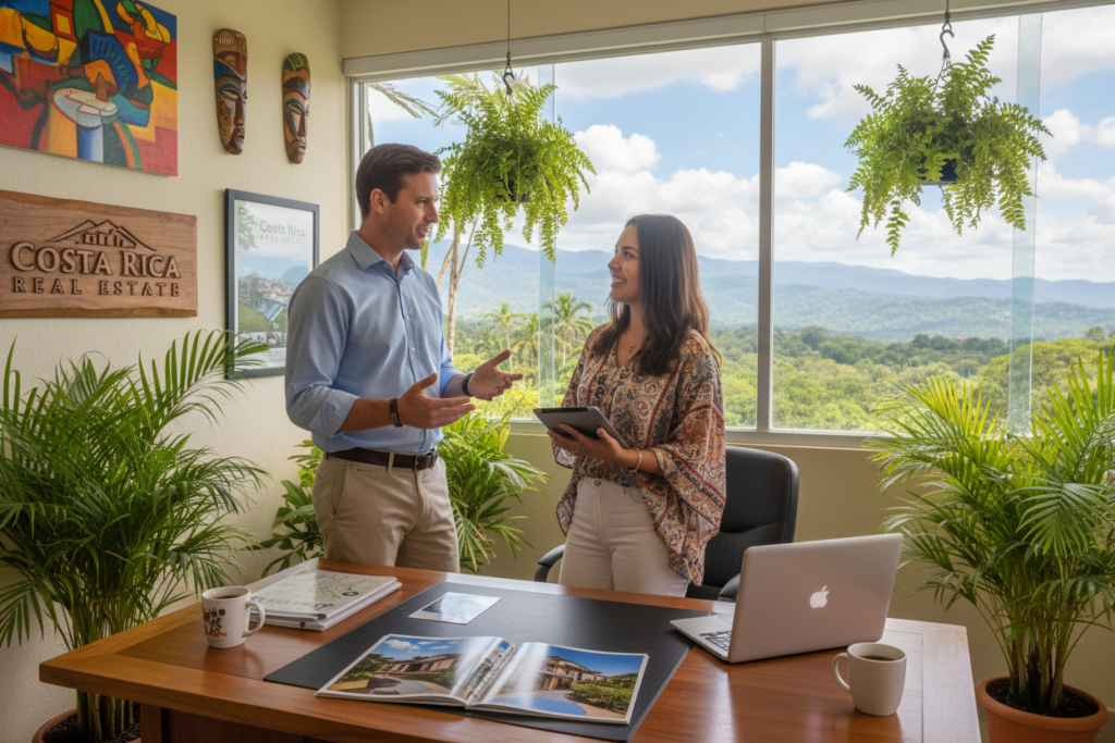A professional Caucasian male in business casual attire, such as a polo or button-down shirt, is engaged in a discussion with a local Costa Rican real estate professional. They are standing in a bright and inviting office space filled with plants and Costa Rican artwork, symbolizing the local culture. The foreground features a modern wooden desk with property brochures and a laptop displaying listings, while in the middle ground, a large window showcases a beautiful tropical landscape with lush greenery and mountains. The atmosphere is warm and collaborative, with soft, natural lighting filtering through the window, creating a friendly and approachable mood. The logo "Costa Rica Real Estate" is subtly incorporated into the decor, reinforcing the brand's presence without overpowering the scene.