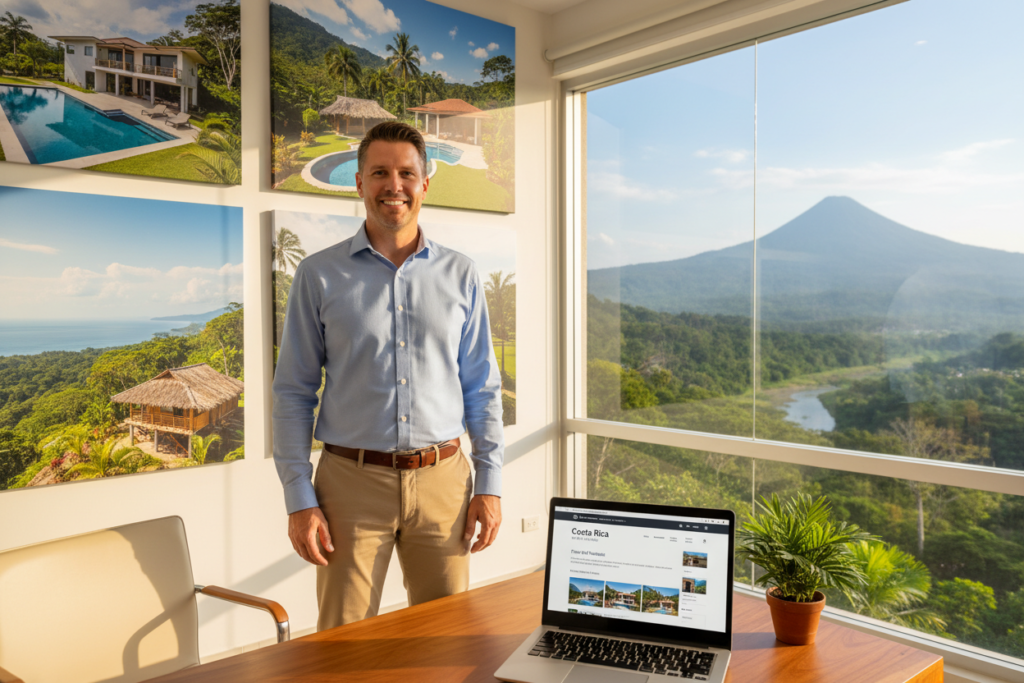 A professional Caucasian male real estate agent in business casual attire (polo or button-down shirt) is confidently standing in a well-lit office, surrounded by images of picturesque Costa Rican homes and vibrant landscapes on the walls. In the foreground, a desk displays a laptop open to the "Costa Rica Real Estate" website with user-friendly interface features visible. The middle ground features a large window showcasing lush greenery and mountains of Costa Rica, emphasizing the connection to the local environment. Soft natural light filters in, creating an inviting and optimistic atmosphere. The angle is slightly tilted to capture both the agent's professionalism and the beautiful surroundings, instilling trust and collaboration in the viewer’s mind.