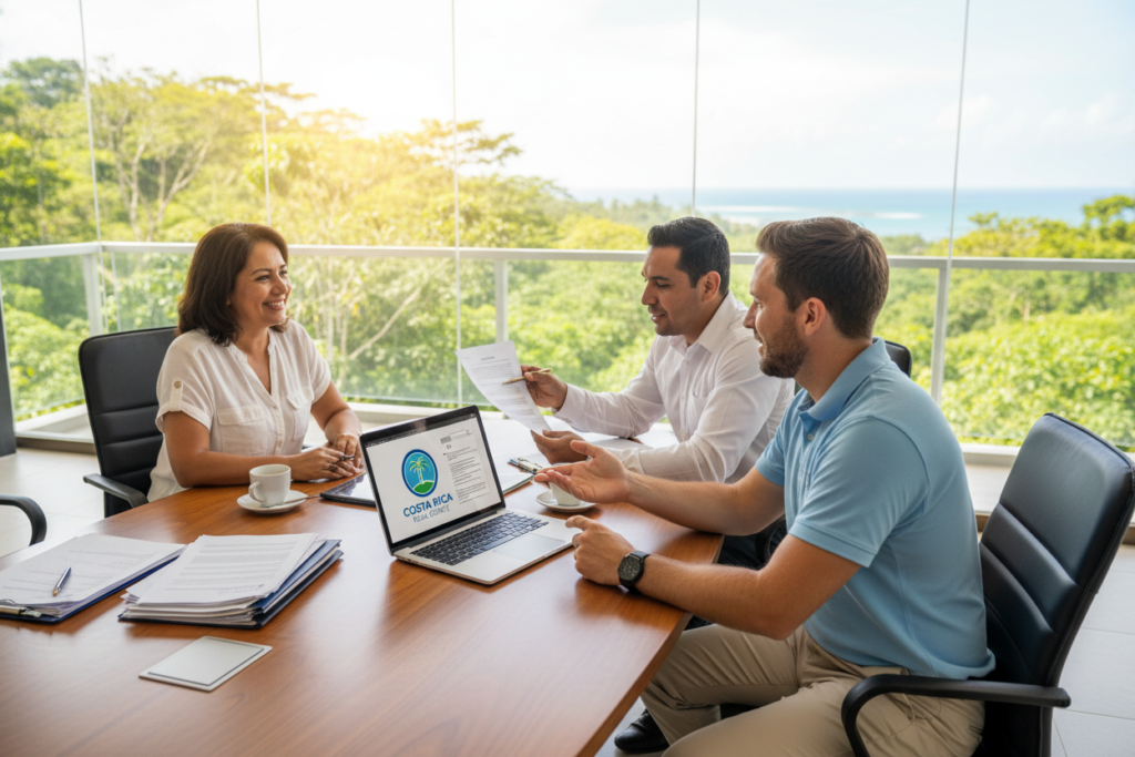 A professional setting showcasing a coordinated due diligence process for real estate in Costa Rica. In the foreground, a Caucasian male real estate agent in business casual attire (polo and khakis) is engaged in discussion with a prospective home seller. On the table, there's a laptop displaying property documents and a Costa Rica Real Estate logo. In the middle ground, a trusted local professional, also in business casual, reviews paperwork while highlighting relevant points for clarification. The background features lush greenery typical of Costa Rica, hinting at its natural beauty while emphasizing a modern office environment with large windows letting in bright, warm natural light. The atmosphere is collaborative and professional, suggesting an air of trust and expertise.
