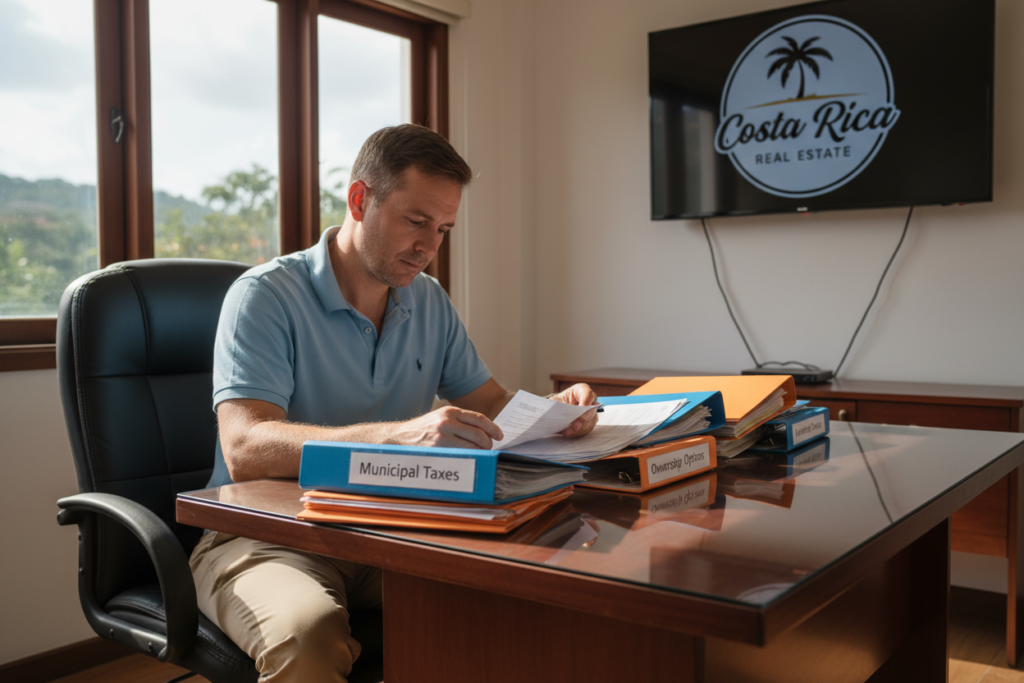 A serene office setting showcasing a Caucasian male staff member in business casual attire, such as a polo shirt, thoughtfully reviewing property tax documents on a polished wooden desk. In the foreground, stacks of colorful folders labeled with "Municipal Taxes" and "Ownership Options." The middle ground features a large window with natural light streaming in, casting soft shadows that create a warm atmosphere. In the background, a wall-mounted display shows the brand logo "Costa Rica Real Estate." The overall mood is professional and inviting, emphasizing trust and diligence in evaluating property tax ownership in Costa Rica. The image should capture the essence of careful analysis and commitment to guiding clients through their real estate decisions. A serene office setting showcasing a Caucasian male staff member in business casual attire, such as a polo shirt, thoughtfully reviewing property tax documents on a polished wooden desk. In the foreground, stacks of colorful folders labeled with "Municipal Taxes" and "Ownership Options." The middle ground features a large window with natural light streaming in, casting soft shadows that create a warm atmosphere. In the background, a wall-mounted display shows the brand logo "Costa Rica Real Estate." The overall mood is professional and inviting, emphasizing trust and diligence in evaluating property tax ownership in Costa Rica. The image should capture the essence of careful analysis and commitment to guiding clients through their real estate decisions.
