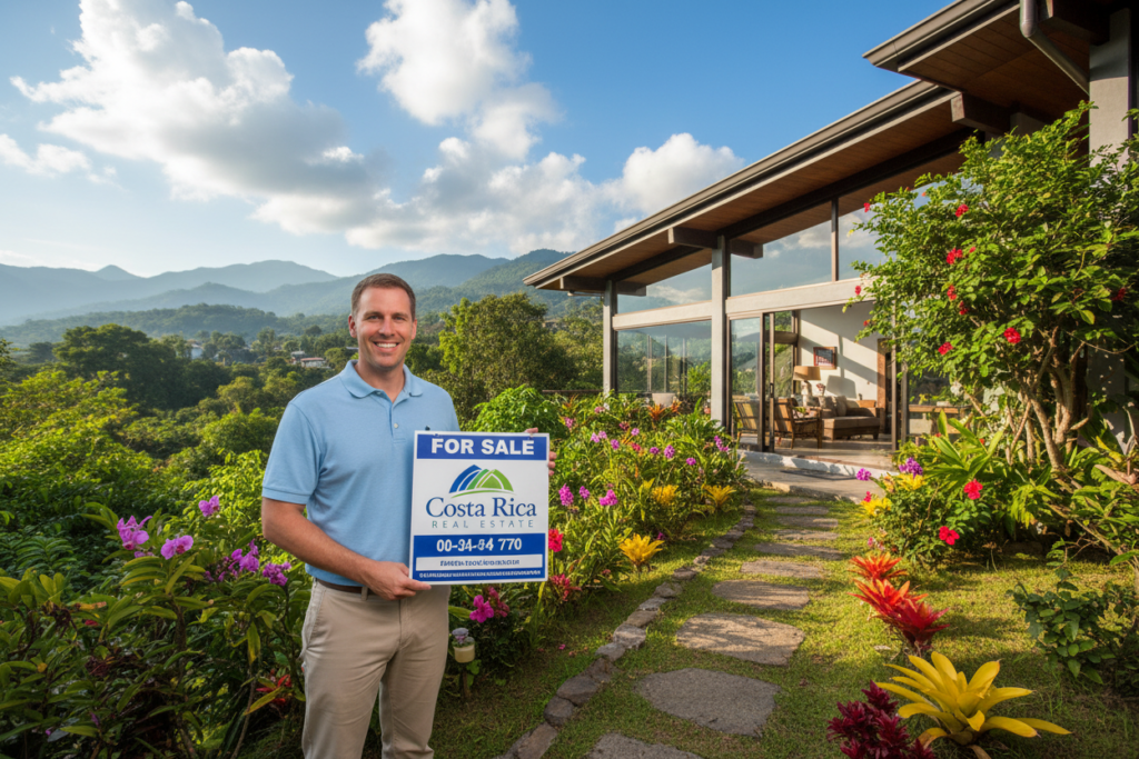 A vibrant tropical scene showcasing a modern Costa Rican home surrounded by lush greenery and exotic plants. In the foreground, a Caucasian male in business casual attire (a polo shirt and khakis) stands confidently, smiling and holding a "For Sale" sign featuring the brand name "Costa Rica Real Estate." In the middle ground, the home features large windows that invite natural light, with colorful flowers framing the path leading to the entrance. The background depicts a stunning blue sky with fluffy clouds and distant mountains, suggesting a serene and inviting atmosphere. The lighting is bright and sunny, casting soft shadows, emphasizing the allure of Costa Rica as a desirable location for potential buyers. The overall mood is optimistic and professional, perfect for showcasing the benefits of listing a property in this beautiful region.