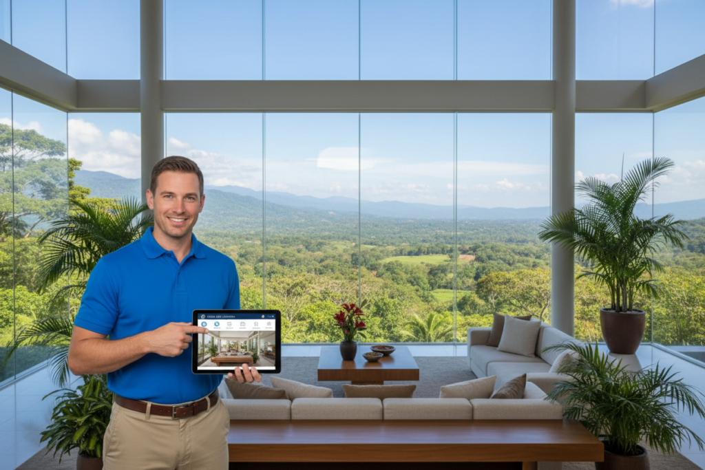 A vibrant virtual tour scene showcasing a beautiful Costa Rican property. In the foreground, a Caucasian male staff member dressed in a business casual polo interacts with a digital tablet, displaying property features. The middle layer shows a stunning living room with large windows, tropical plants, and modern furniture, perfectly illuminated by soft, natural light. The background reveals a panoramic view of lush greenery and hills characteristic of Costa Rica, with clear blue skies above. The atmosphere is inviting and professional, emphasizing the seamless blend of technology and nature in this real estate experience. The brand name "Costa Rica Real Estate" is subtly incorporated into the digital tablet interface.