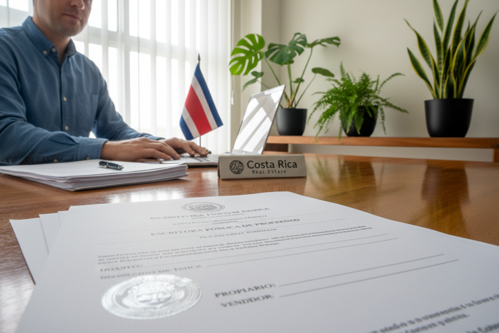 A well-lit office space showcasing a Caucasian male staff member in business casual attire, seated at a desk filled with property documents and a Costa Rica flag subtly placed in the background. In the foreground, a close-up of a property title document, emphasizing intricate details like the legal stamp and signature lines. Natural light from a nearby window casts soft shadows, enhancing the focus on the title paper. The setting conveys a sense of professionalism and trust, with hints of green from indoor plants adding a calming atmosphere. The scene reflects the importance of essential property verification in Costa Rica real estate, featuring a brand logo "Costa Rica Real Estate" discreetly displayed on the desk.