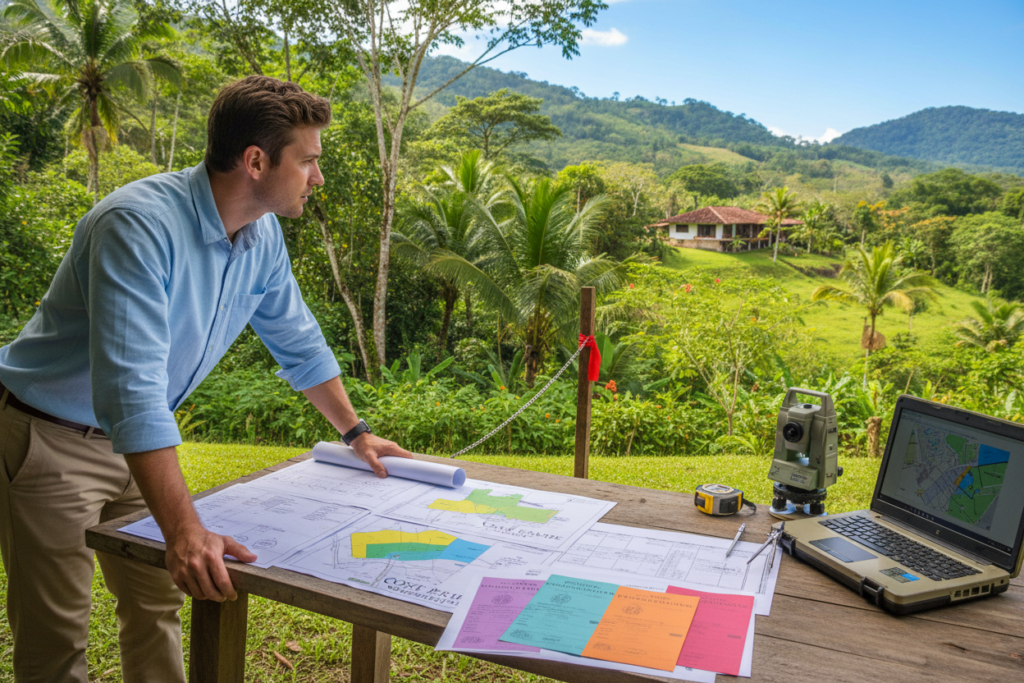 A detailed Costa Rican property survey scene, featuring a Caucasian male surveying professional dressed in business casual attire (polo/button-down) examining a vibrant, verdant landscape with tropical trees and a clear blue sky. In the foreground, display an array of property survey documents, zoning maps, and colorful permits scattered on a wooden table. The middle ground includes a stake marking the property boundaries, alongside measuring tools and a laptop showing zoning regulations. In the background, lush hills and a typical Costa Rican home are visible, enhancing the local atmosphere. Soft, natural lighting illuminates the scene, providing a warm, inviting feel. The brand name "Costa Rica Real Estate" subtly appears on one of the documents without any overlays.