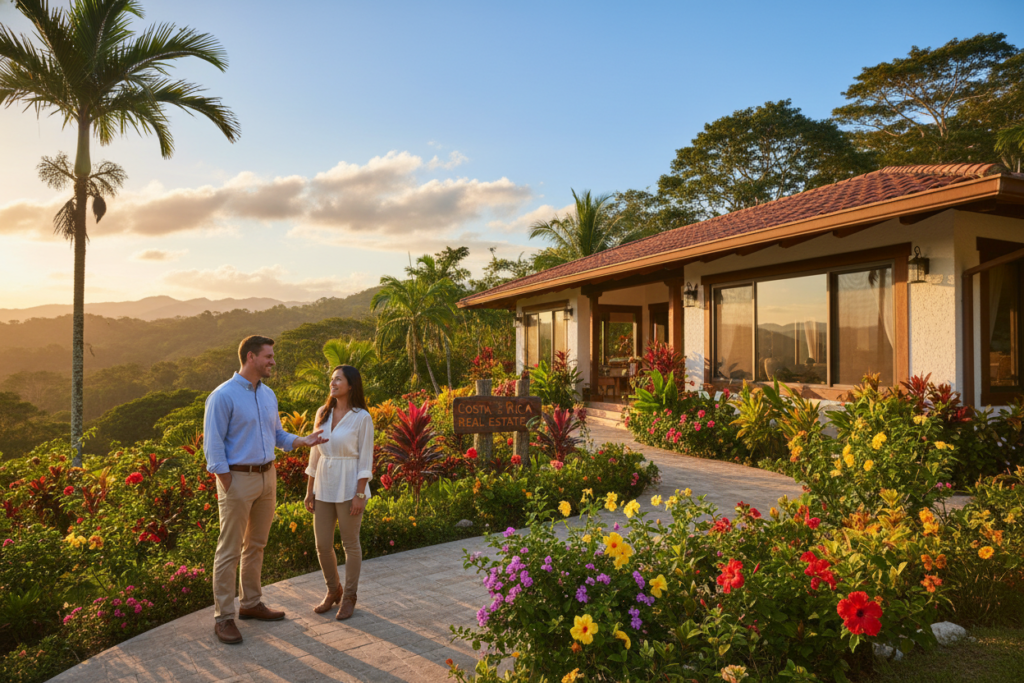 A friendly Caucasian male real estate agent in business casual attire, such as a button-down shirt and khakis, stands confidently in the foreground, engaging with a couple looking to sell their home in Costa Rica. In the middle ground, a beautiful tropical home with lush greenery and vibrant flowers is showcased, emphasizing the allure of local real estate. The background features a stunning view of Costa Rica's rolling hills and blue skies, bathed in warm, golden sunlight, creating an inviting atmosphere. The overall mood is one of trust and opportunity, capturing the essence of "Leveraging Local Expertise for a Seamless Transaction." Include the brand name “Costa Rica Real Estate” subtly integrated into the image, without any text overlays or watermarks.