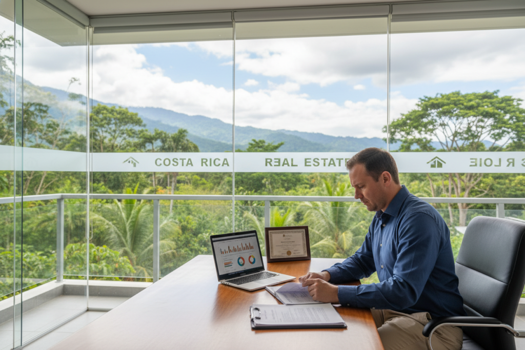 A modern office setting in Costa Rica, showcasing a stylish workspace with large windows revealing a vibrant tropical landscape. In the foreground, a Caucasian male real estate agent in business casual attire (a button-down shirt and slacks) is examining a stack of documents about property tax implications. The middle ground features an elegant desk with a laptop displaying charts related to municipal and luxury taxes. In the background, lush greenery and distant mountains create a serene atmosphere. Soft natural lighting filters through the windows, casting a warm glow. The brand name “Costa Rica Real Estate” is subtly incorporated into the scene. The overall mood conveys professionalism and insight, ideal for guiding clients through tax navigation in real estate transactions.