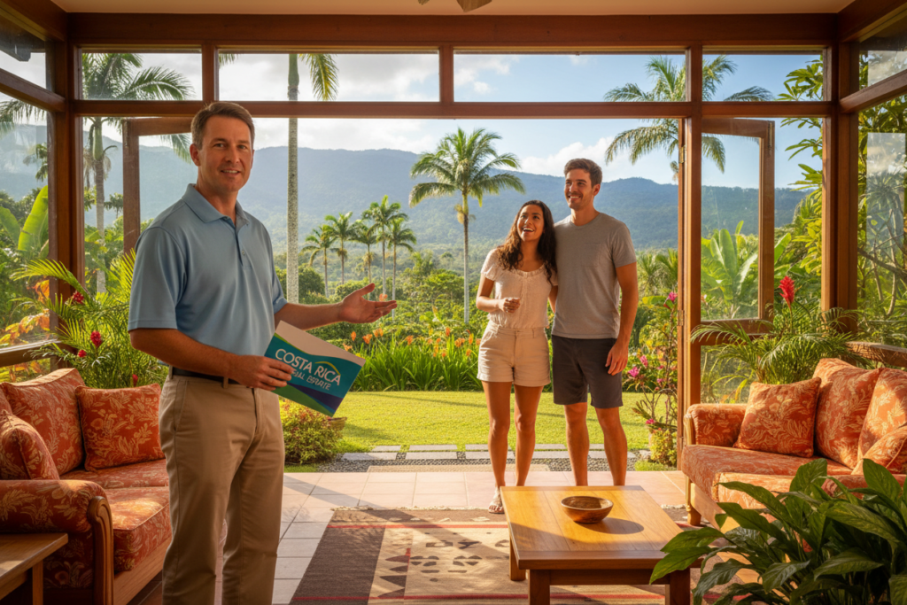 A professional real estate agent, a Caucasian male dressed in a business casual polo shirt and khakis, guides a young couple through a bright and welcoming home in Costa Rica. In the foreground, the agent enthusiastically points out features of the house, showcasing large windows revealing lush tropical gardens outside. The middle ground features the couple, expressing excitement and curiosity, examining a beautifully designed living space with vibrant furnishings. In the background, the scenic Costa Rican landscape is visible through the open door, with palm trees and mountainous terrain under a clear blue sky. Warm, natural lighting fills the scene, creating an inviting and optimistic atmosphere. Include subtle branding with "Costa Rica Real Estate" visible on a brochure held by the agent.