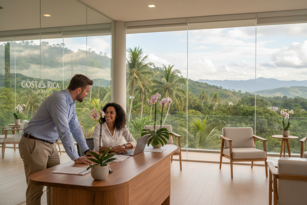 A serene and inviting scene depicting a smooth financing process in Costa Rican real estate. In the foreground, a Caucasian male staff member in professional business casual attire, such as a light blue button-down shirt, is engaged in a discussion with a client at a stylish desk adorned with tropical plants. The middle ground showcases a modern office setting with large windows that let in soft, natural light, highlighting a beautiful view of lush Costa Rican landscapes. In the background, a calming tropical environment with palm trees and vibrant greenery adds to the ambiance. The overall mood is warm and professional, suggesting an atmosphere of collaboration and trust, perfect for exploring owner financing opportunities. Costa Rica Real Estate branding can be subtly integrated into the office design.
