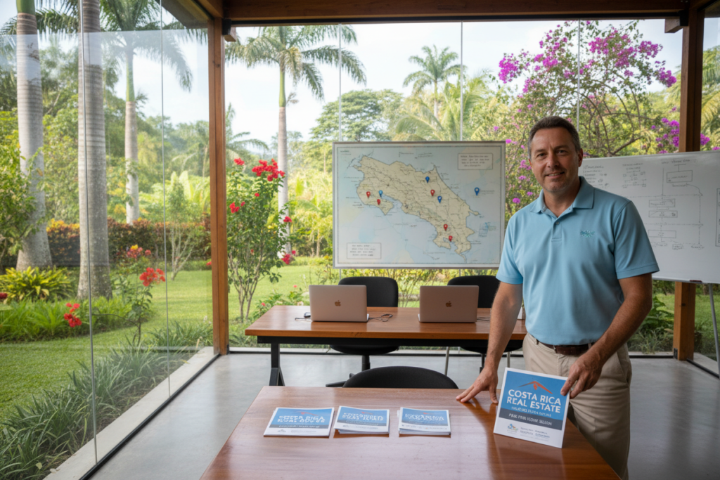 A serene tropical garden setting showcasing a modern office space dedicated to real estate education in Costa Rica. In the foreground, a Caucasian male staff member wearing a business casual polo stands beside a table filled with brochures about "Costa Rica Real Estate," highlighting fee-free home sale options. In the middle ground, a well-organized workspace features laptops and a large map of Costa Rica, with symbols indicating various properties and locations relevant to buyers and investors. The background is lush with palm trees and vibrant flowers, symbolizing the beauty of Costa Rica. Soft, natural lighting filters through large windows, creating a warm and inviting atmosphere. The overall mood reflects professionalism and a welcoming environment for prospective buyers and investors.