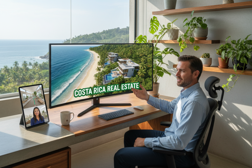 A sleek, modern digital workspace showcasing a Caucasian male staff member in business casual attire (polo/button-down) engaging with a high-resolution screen displaying a virtual tour of stunning Costa Rican properties. The foreground features a large monitor with a vibrant, immersive 3D rendering of lush tropical landscapes, beautiful beachfront homes, and intricate architectural designs labeled as "Costa Rica Real Estate." In the middle ground, a tasteful office setting includes elegant decor and plants, emphasizing a professional atmosphere. The background reveals a panoramic window with sunlight streaming in, highlighting the picturesque Costa Rican environment outside. The mood is professional yet inviting, conveying innovation in online marketing strategies and virtual tours in the real estate sector.