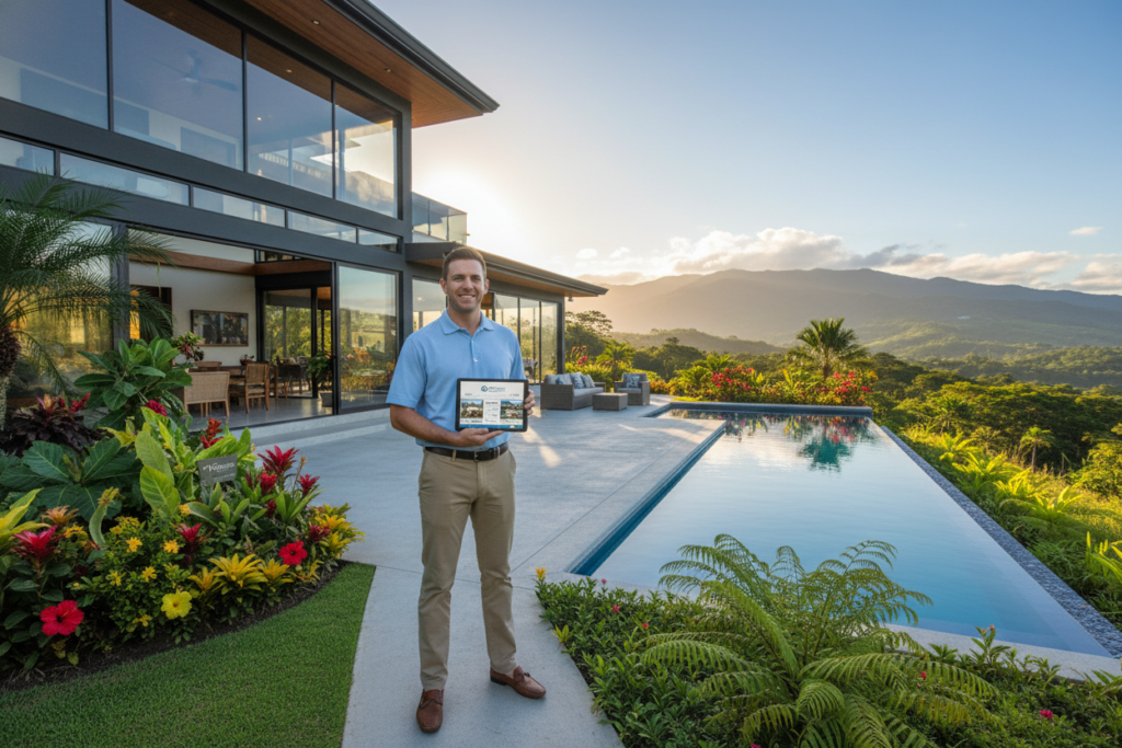 A stunning real estate property in Costa Rica, featuring a modern, beautifully designed house with large glass windows and a vibrant garden filled with tropical plants and flowers. In the foreground, a Caucasian male staff member dressed in a business casual polo stands confidently, holding a tablet showcasing property details. The middle ground displays the spacious patio overlooking a sparkling blue pool, surrounded by lush greenery, creating a serene atmosphere. In the background, the picturesque Costa Rican mountains loom under a clear blue sky with soft, golden sunlight casting a warm glow. The overall mood is inviting and professional, emphasizing a successful marketing environment for "Costa Rica Real Estate." Capture the scene with a wide-angle lens to enhance depth and perspective.