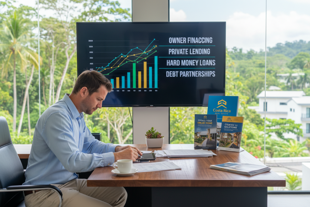 A vibrant, engaging scene set in a modern office showcasing alternative financing options for real estate in Costa Rica. In the foreground, a Caucasian male in business casual attire (button-down shirt and khakis) is reviewing financial documents on a sleek wooden desk, focusing intently. The middle ground features a large screen displaying colorful graphs and key terms related to financing, alongside a stack of brochures from "Costa Rica Real Estate" highlighting various owner financing options. The background shows large windows with a view of lush Costa Rican greenery, allowing natural light to flood the space, creating an inviting and professional atmosphere. The composition emphasizes clarity and professionalism, reflecting a sense of optimism and opportunity in the Costa Rican real estate market.